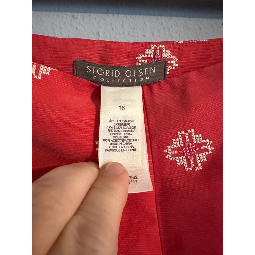 Sigrid Olsen Silk Ramie Pants 16 Coral Pink Embroidered Straight Leg Lined - Picture 6 of 7
